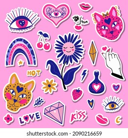 Mystic boho love modern abstract trend style stickers icons, patches badges with hearts and eyes. Valentine's day, romance concept for cards, posters. Vecto illustration, clip art