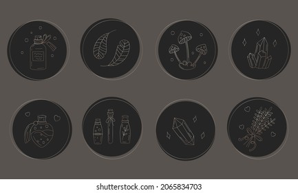 Juego de iconos de magia mística boho. Elemento tarot esotérico de gradiente dorado dibujado a mano. en el diseño estético de doodle. Icono esotérico en círculo sobre fondo negro. plumas, elixires y pociones de magia vectorial