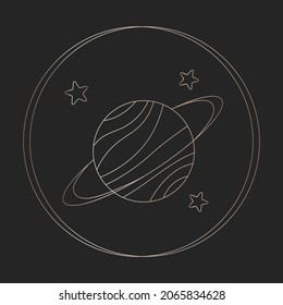 Mystic boho planet symbol. Hand drawn golden gradient rings of Saturn element. Space icon in doodle aesthetics design. Esoteric icon in circle on black background. Vector magic space energy icon.