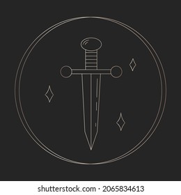 Mystic boho ritual knife symbol. Hand drawn golden gradient sword blade element. Dagger icon in doodle aesthetics design. Esoteric icon in circle on black background. Vector magic knife.