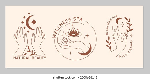 Mystic boho set of elegant female hands with moon, star, plant, flower in line art. Vector magic symbol isolated on beige background. Trendy minimalist signs for design of cosmetics, jewelry, beauty