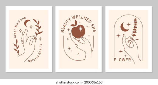 Mystic boho set of elegant female hands with moon, star, plant, apple in line art. Vector magic symbol isolated on beige background. Trendy minimalist signs for design of cosmetics, jewelry, beauty