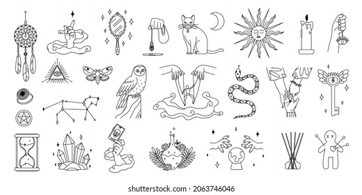 Mystic boho set of isolated monochrome icons of occult signs human hands jars and totem animals vector illustration