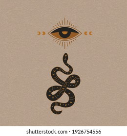 Mystic boho snake design. Abstract esoteric serpent symbol with moon eye, occult tattoo egypt style. Vector illustration