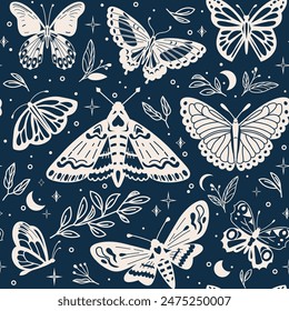 Mystic butterfly seamless pattern vector illustration. Magic moths with celestial moon, sun and floral elements. Esoteric retro butterflies isolated on dark night background.