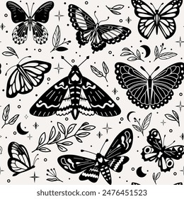 Mystic butterfly seamless pattern vector illustration. Magic moths with celestial moon, sun and floral elements. Esoteric retro butterflies isolated on light background.