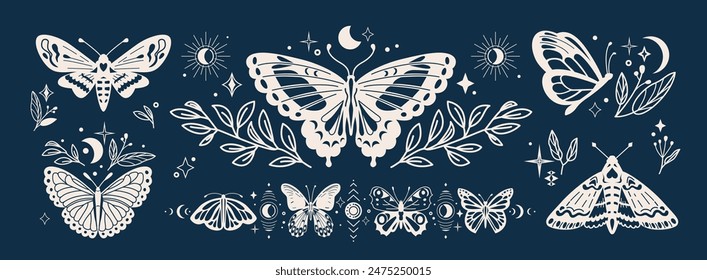 Mystic butterfly set vector illustration. Magic moths with celestial moon, sun and floral elements. Esoteric retro butterflies isolated on dark night background.