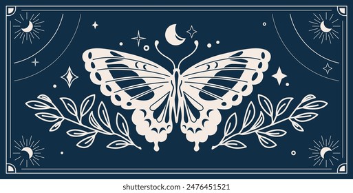 Mystic butterfly vector illustration. Magic moth with celestial moon, sun and floral elements, frame. Esoteric retro butterfly isolated on dark night background.