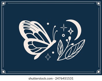Mystic butterfly vector illustration. Magic moth with celestial moon, sun and floral elements, frame. Esoteric retro butterfly isolated on dark night background.