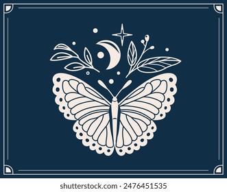 Ilustración vectorial de mariposa mística. Polilla mágica con luna celeste, Elementos solares y florales, marco. Mariposa retro esotérica aislada sobre fondo oscuro de la noche.