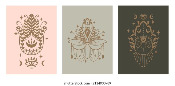Mystic card hamsa and evil eye symbol.Esoteric magic occult amulet.Abstract hand drawn style.Vector illustration.