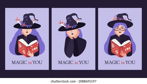Mystic cards, banners collection in flat style. Set magic illustrations of witch, skull, sphere, old book, witch hat, magic herbs, plants, potion.Witchcraft magical cliparts. Vector isolated elements 