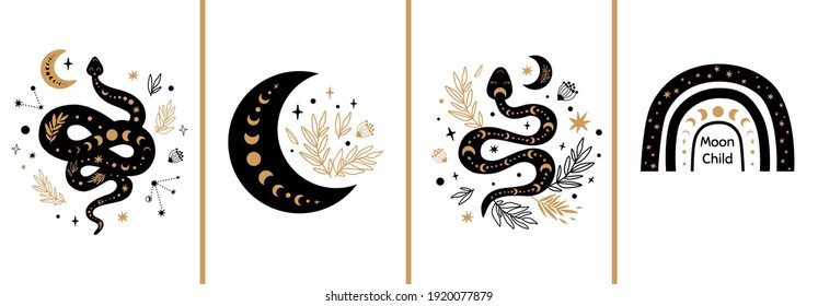 Juego de tarjetas místicas. Luna mística floral boho, animal, serpiente lunar, arco iris. Colección de elementos celestes. Logo esotérico. Colores de oro negro. Cartas de alquimia Nieves floral Rústica ilustración vectorial.