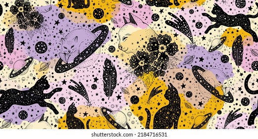 Patrón de gato místico. Fondo del espacio del tatuaje animado. Tatuaje negro japonés con gato dormido. Chica brujería arte lindo. Vieja galaxia esotérica. Patrón abstracto de bruja de Halloween sin fisuras en salpicadura de acuarela