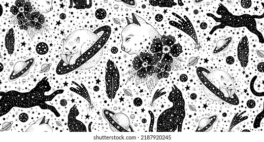 Mystic cat pattern. Anime tattoo space background. Japanese black tatoo with sleep cat. Girl witchcraft cute art. Old esoteric Galaxy with Moon, Saturn, Star. Halloween witch abstract seamless pattern