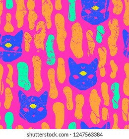 Mystic cat seamles pattern. Halloween background for shops, wrapper, gift wrap, textile, party banners and wallpaper.