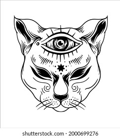 mystic cat with a third eye hand drawn illustration design element