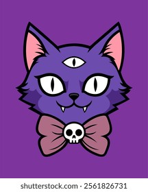 Mystic Cat With Third Eye and Skull Bow Cartoon Icon Illustration. Animal Icon Concept Isolated.