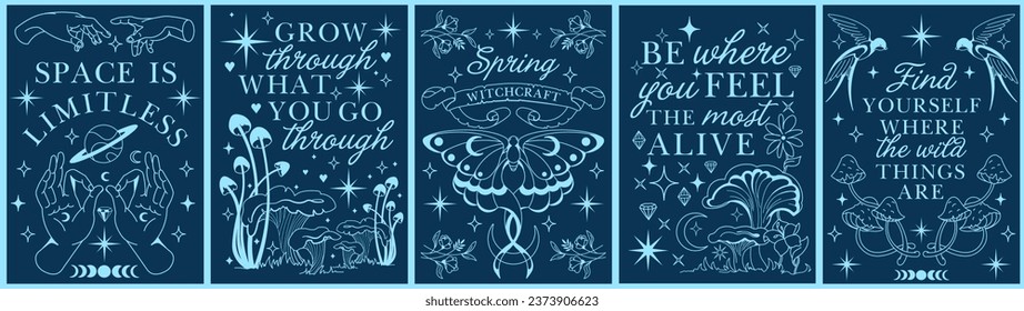 Mystic celestial aesthetic vector tee prints. Bohemian crescent moon, mushrooms, and floral arrangements for posters Inspirational affirmations, slogans. Alchemy witchcraft.