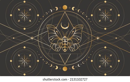 Mystic celestial background with a golden outline insect, stars with radial circles, moon phases and crescents. Occult linear backdrop with a magical butterfly. Sacred geometric tarot card cover