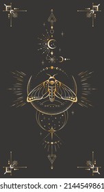 Mystic celestial background with golden outline insect, stars, moon phases, crescents and frame with arrows. Occult linear backdrop with magical butterfly with skull. Sacred geometric tarot card cover