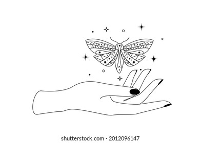 Mystic celestial butterfly with constellation stars over woman hand outline silhouette. Vector illustration of Witch moth and Magic symbol