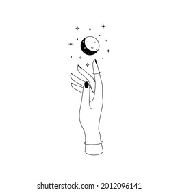 Mystic celestial crescent moon constellations over woman hand outline silhouette. Vector illustration of Boho Witch and Magic symbol