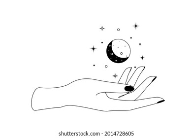 Mystic celestial crescent moon constellations over hand outline silhouette. Vector illustration of Boho Witch and Magic symbol