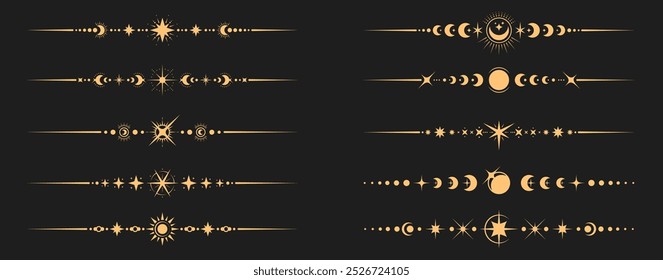 Místico divisor celestial bordea con símbolos mágicos de sol, luna y estrellas, Vector boarders. Divisores y bordes con signos celestiales místicos para marcos de Tarot, astrología y geometría sagrada esotérica