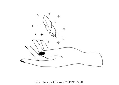 Mystic celestial feather with constellation stars over woman hand outline silhouette. Vector illustration of Witch and Magic symbol