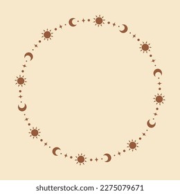 Mystic celestial frame with sun, stars, moon phases, crescents and copy space. Ornate bohemian magical background.