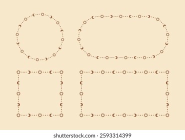Mystic celestial frame with sun, stars, moon phases, crescents and copy space. Ornate bohemian magical background collection.