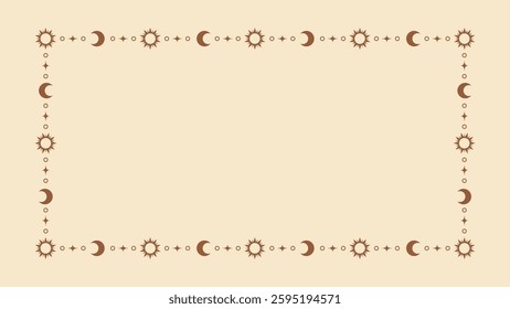 Mystic celestial frame with sun, stars, moon phases, crescents and copy space. Ornate bohemian magical background.