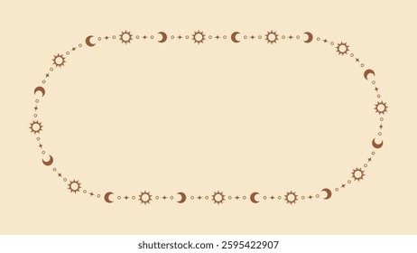 Mystic celestial frame with sun, stars, moon phases, crescents and copy space. Ornate bohemian magical background.