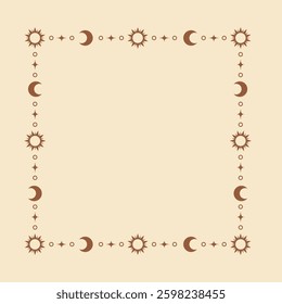 Mystic celestial frame with sun, stars, moon phases, crescents and copy space. Ornate bohemian magical background.