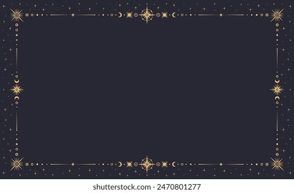 Mystic celestial frame. Vector mystical border, adorned with golden stars, suns, moons and lines. Esoteric boho style magical, astrological background with golden space symbols, decorative empty frame