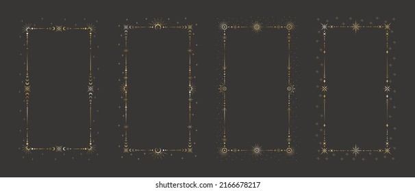 Mystic celestial golden frame set with different stars, crescents dots, beams, moon phases and a copy space. Ornate magical backgrounds with shiny elegant borders for stories and social media design