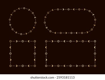 Mystic celestial golden frame set with sun, stars, moon phases, crescents and copy space. Ornate magical background.