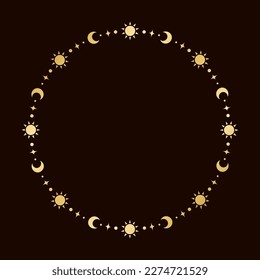 Mystic celestial golden frame with sun, stars, moon phases, crescents and copy space. Ornate magical background.