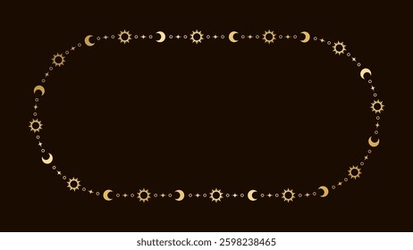 Mystic celestial golden frame with sun, stars, moon phases, crescents and copy space. Ornate magical background.