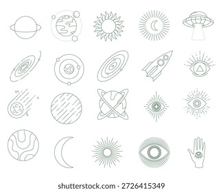 Mystic celestial icon set. Vector green line art of planets stars sun and magic eyes for astrology boho design isolated on white