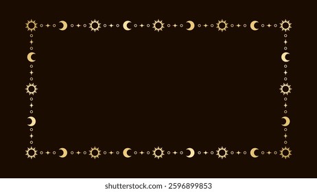 Mystic celestial rectangle golden frame with sun, stars, moon phases, crescents and copy space. Ornate magical background.