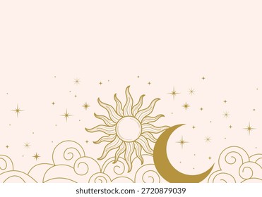 Retângulo celeste místico quadro dourado com sol, estrelas, fases da lua, crescentes. Quadro esotérico mínimo celestial dourado, borda de linha fina, decoração linear mystyc