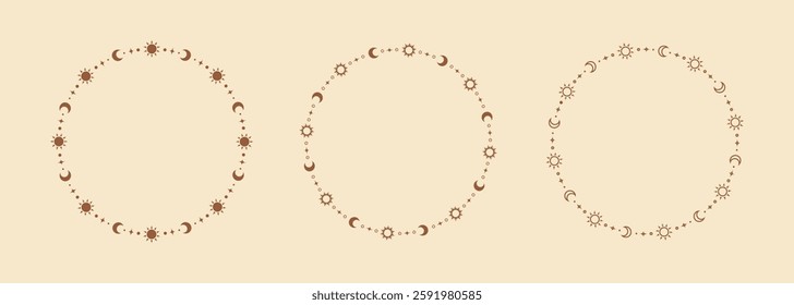 Mystic celestial round frame with sun, stars, moon phases, crescents and copy space. Ornate bohemian magical background collection.