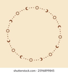 Mystic celestial round frame with sun, stars, moon phases, crescents. Ornate bohemian magical border background.