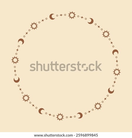 Mystic celestial round frame with sun, stars, moon phases, crescents. Ornate bohemian magical border background.