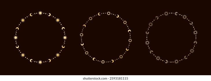 Mystic celestial round golden frame set with sun, stars, moon phases, crescents and copy space. Ornate magical background.