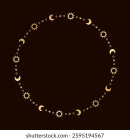 Mystic celestial round golden frame with sun, stars, moon phases, crescents and copy space. Ornate magical background.