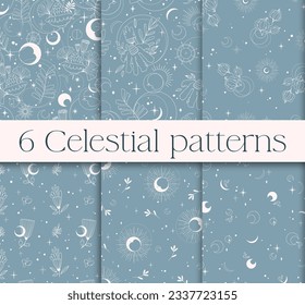 Mystic celestial seamless pattern - magic flowers, moon and stars in monochromegray, esoteric magical vector reapiting motives on background for wrapping, textile, fabric or any surface printing