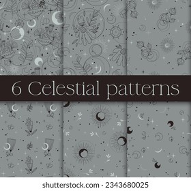 Mystic celestial seamless pattern - magic flowers, moon and stars in monochromegray, esoteric magical vector reapiting motives on background for wrapping, textile, fabric or any surface printing